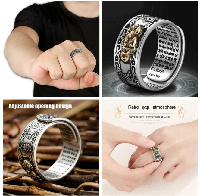 Mini Mantra Protection Ring, Get 1 Black Obsidian Stone 10 Karat Gold Bracelet